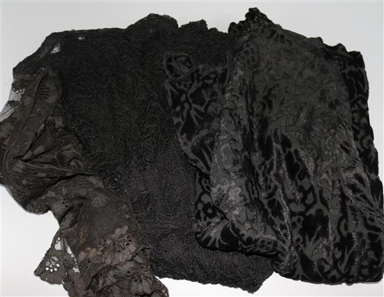 A 1930s-40s black cut velvet jacket, lace blouse and stole